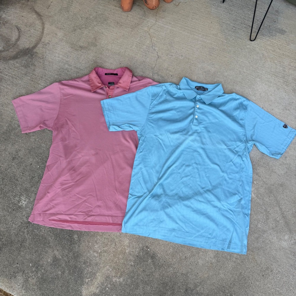 Lot of 2 Mens Nike Tiger Woods Golf Polo Shirts Pink & Blue L